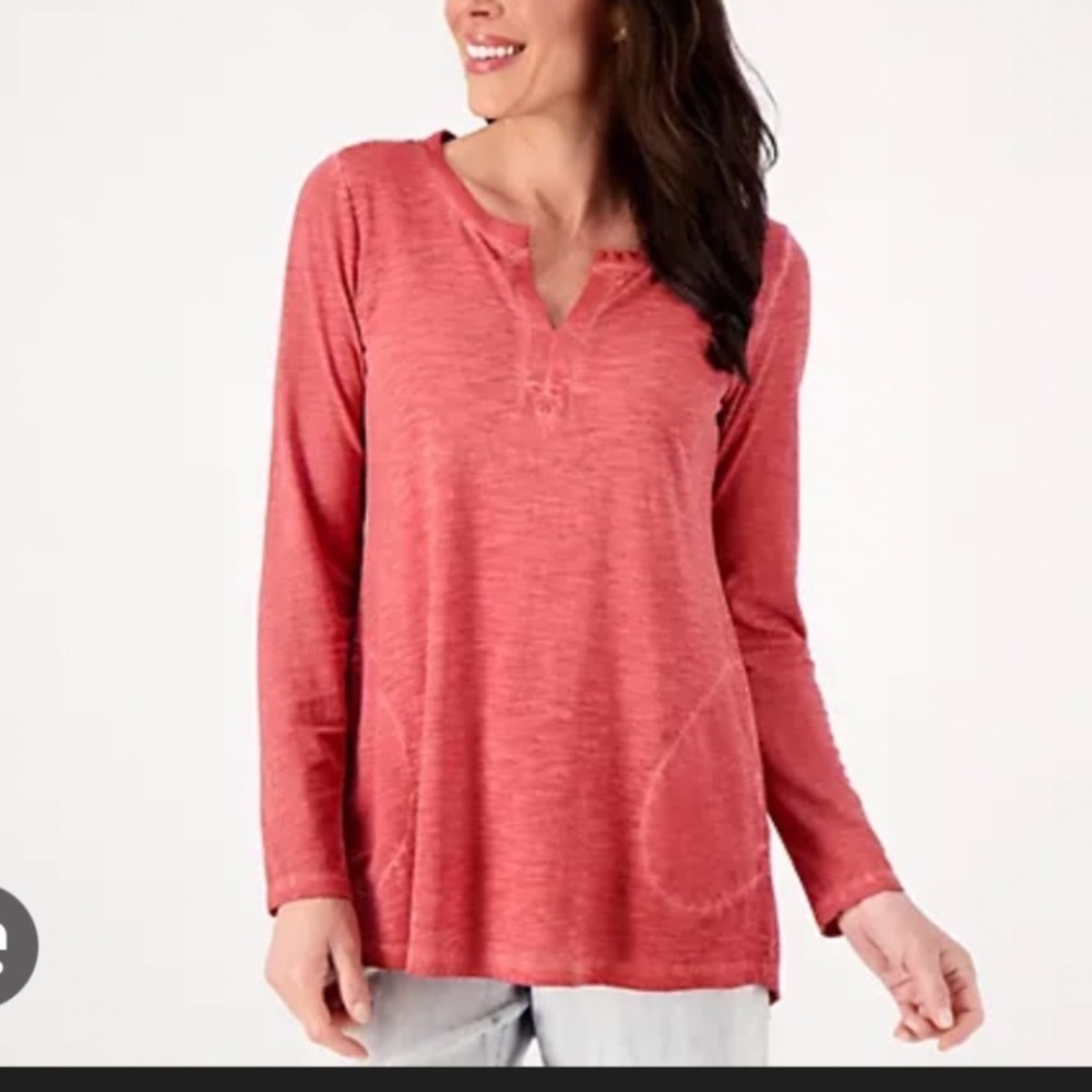 LOGO Lori Goldstein brown Gray Slub Split Neck Tunic Top Pockets 1X SEE PICS